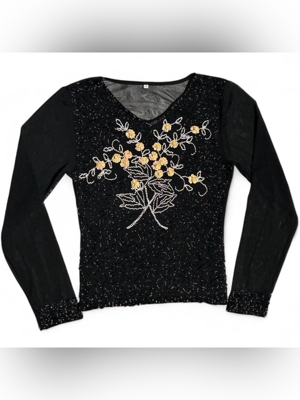 Black Long-Sleeve Beaded Floral Blouse - Black